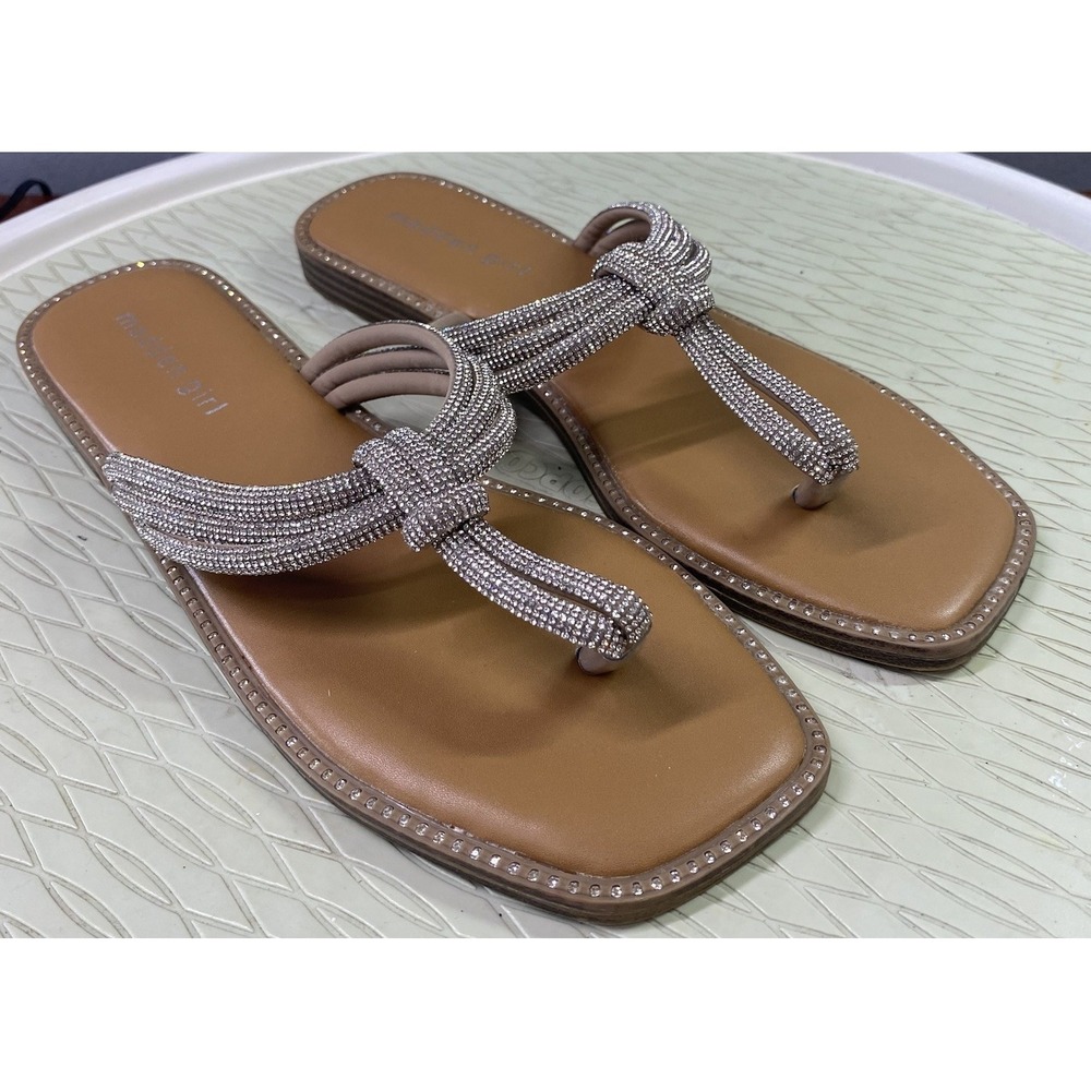 Madden Girl Women's T-Strap Rhinestone Thong Formal Wedding Flats Shiny Shoe 7.5